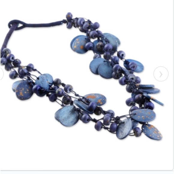 Blue and gold carved beads made from natural bone necklace - Picture 3 of 9